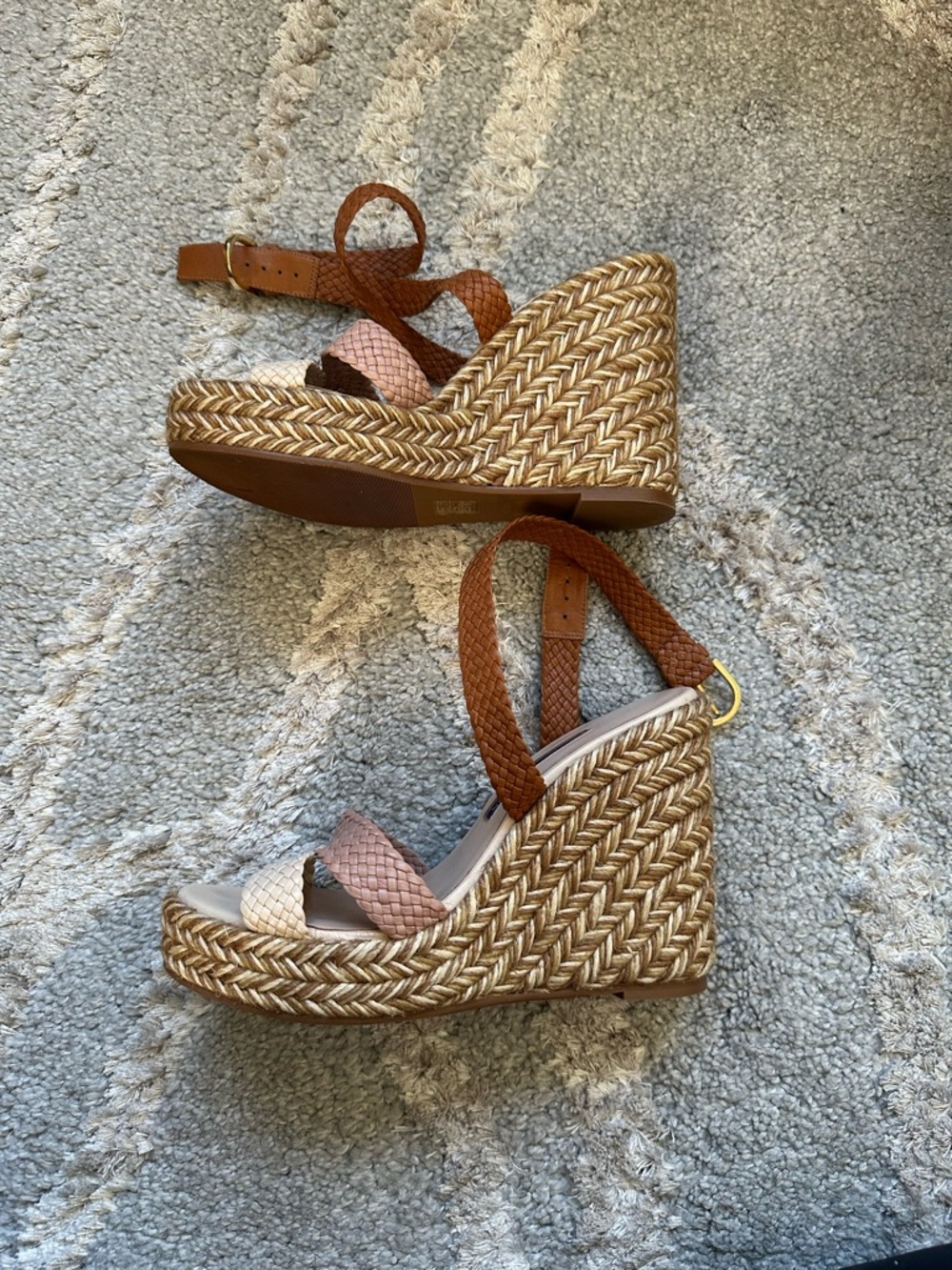 Stuart Weitzman Elise Brown, Tan & Cream Braided Wedge Sandals - Picture 8 of 9
